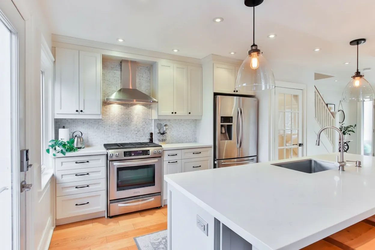 Bright, spotless kitchen with white cabinets, stainless steel appliances and a clean white island countertop