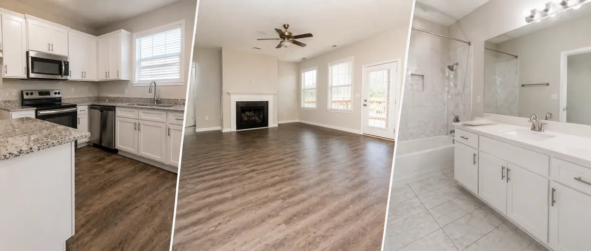 Freshly cleaned move-in ready rental unit: kitchen, living room with fireplace, and bathroom