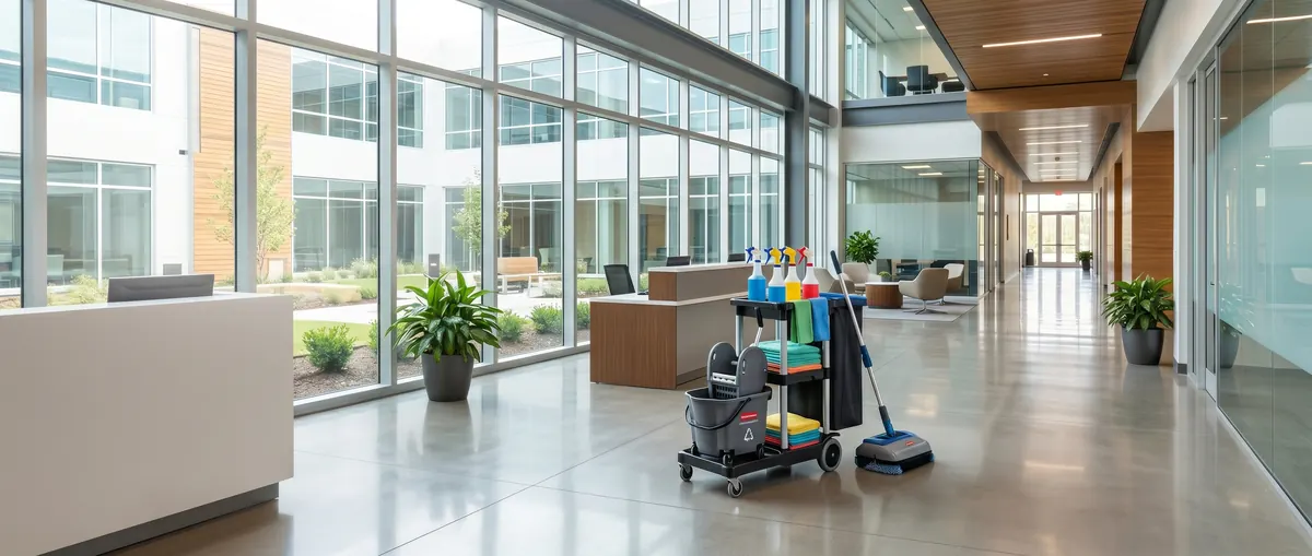 Janitorial cart in a bright, polished office building lobby