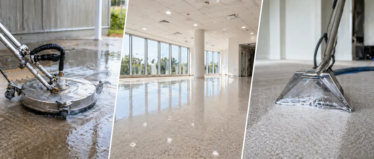 Pressure washing concrete, a polished commercial floor, and deep carpet extraction