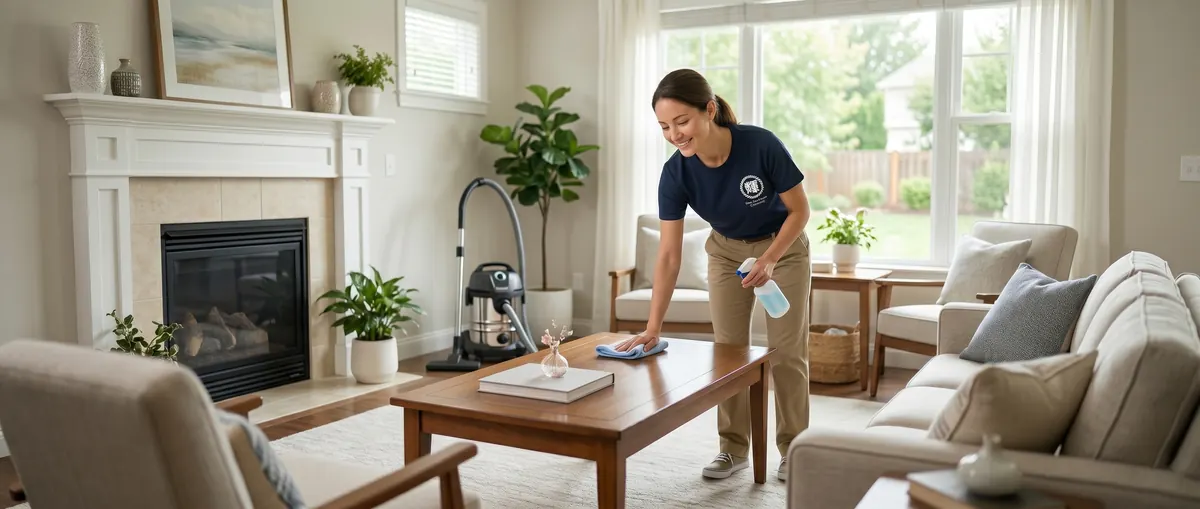 Housekeeper dusting a coffee table in a tidy, bright living room